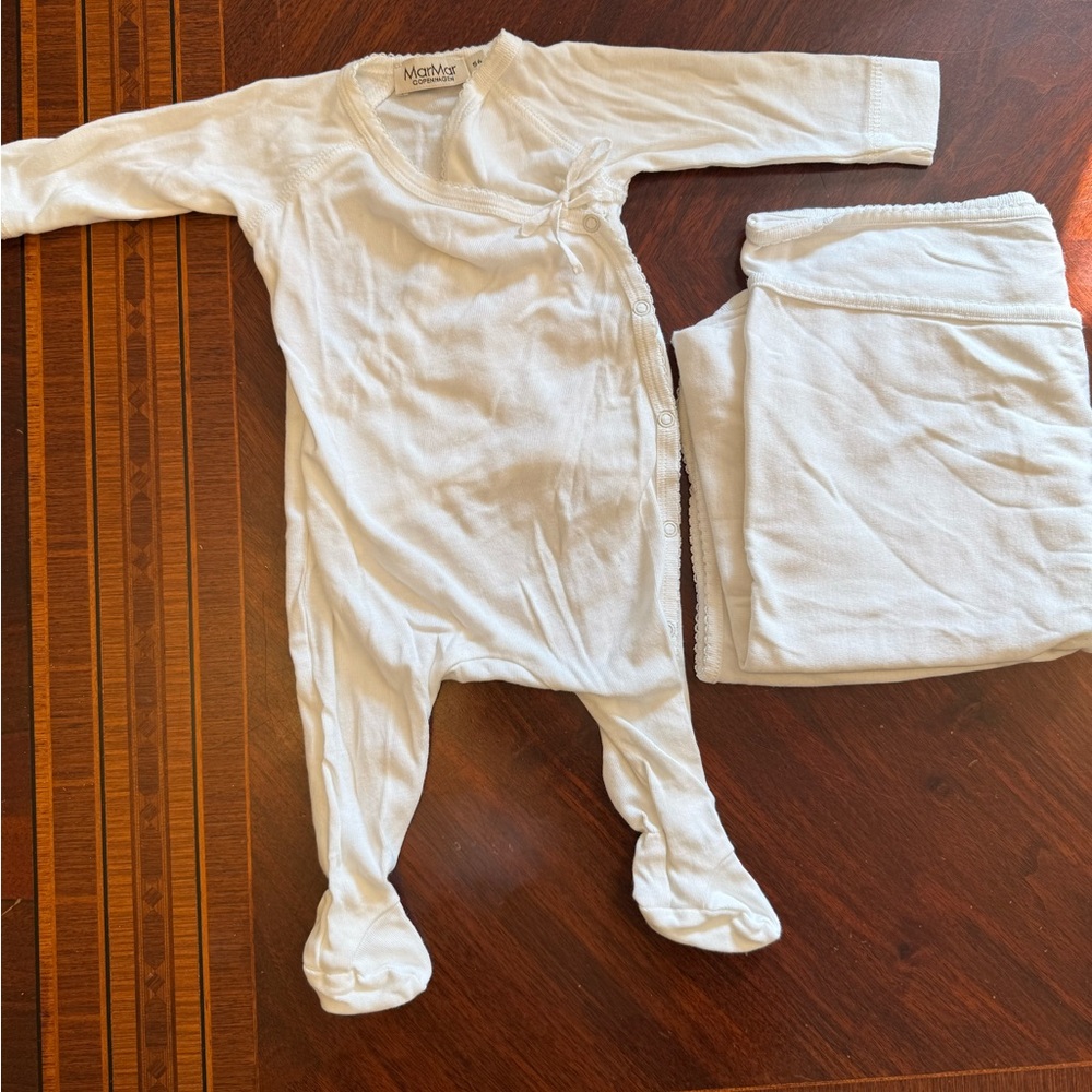 MarMar Copenhagen White Baby Footed Romper & Blanket Set